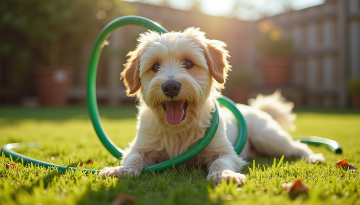 Eye-level view of a playful dog tangled in a garden hose