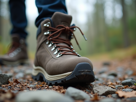 Eye-level view of a worn-out hiking boot on a rocky path