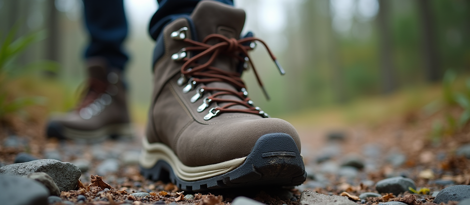Eye-level view of a worn-out hiking boot on a rocky path