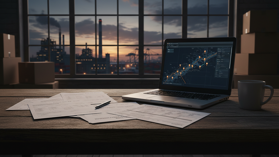 Eye-level view of shipping documents and a laptop on a wooden desk
