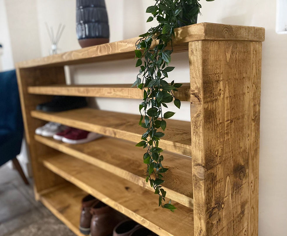 Rustic shoe rack with shoes and plant