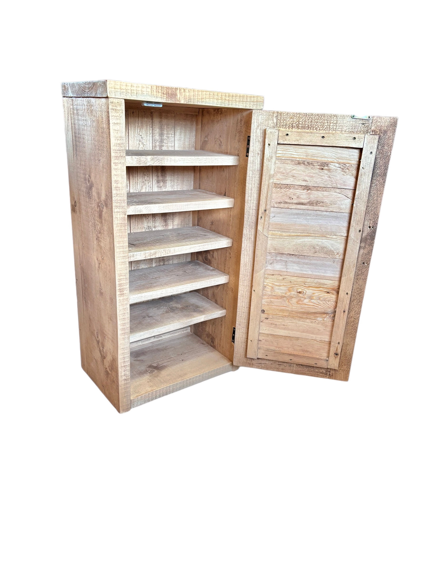 Rustic wooden storage unit with open door, five shelves