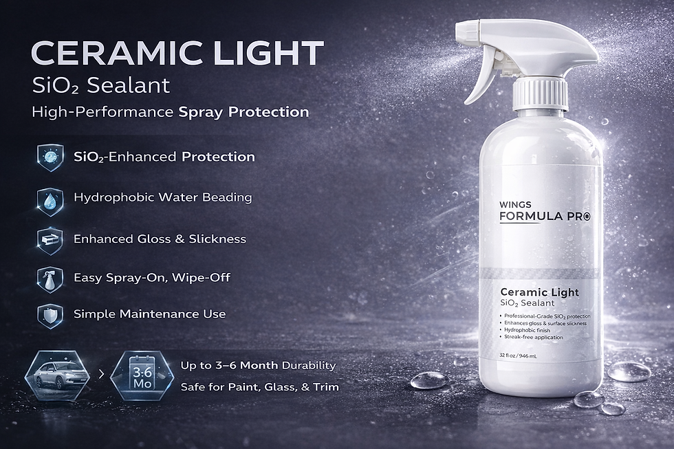 Wings Formula Pro Ceramic Light SiO2 sealant infographic showing hydrophobic protection gloss slickness and 3 to 6 month durability