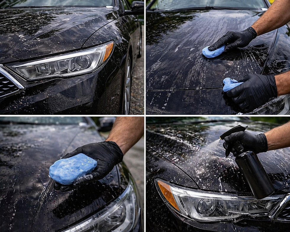 Common paint decontamination mistakes showing clay marring, iron fallout left behind, water spots, and embedded contamination