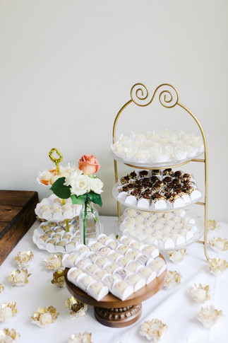 58. Dessert display with pearls and floral details at Antebellum of New Kent wedding