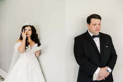 3. Groom holding bride’s hand without seeing her — romantic wedding photo at The Dominion Club in Richmond.