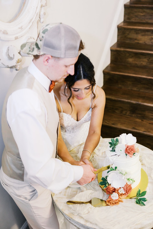 19. Bride and groom cutting wedding cake during Virginia wedding reception