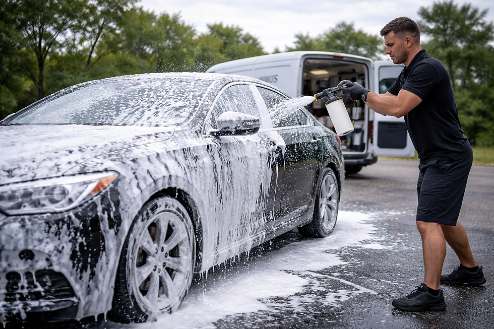 Professional detailer applying foam pre wash to car using foam cannon before contact washing