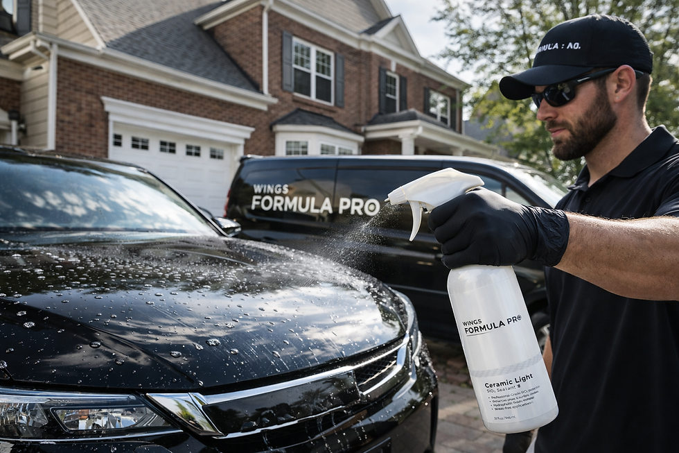 mobile detailer applying Wings Formula Pro Ceramic Light outside client home during hydrophobic coating service