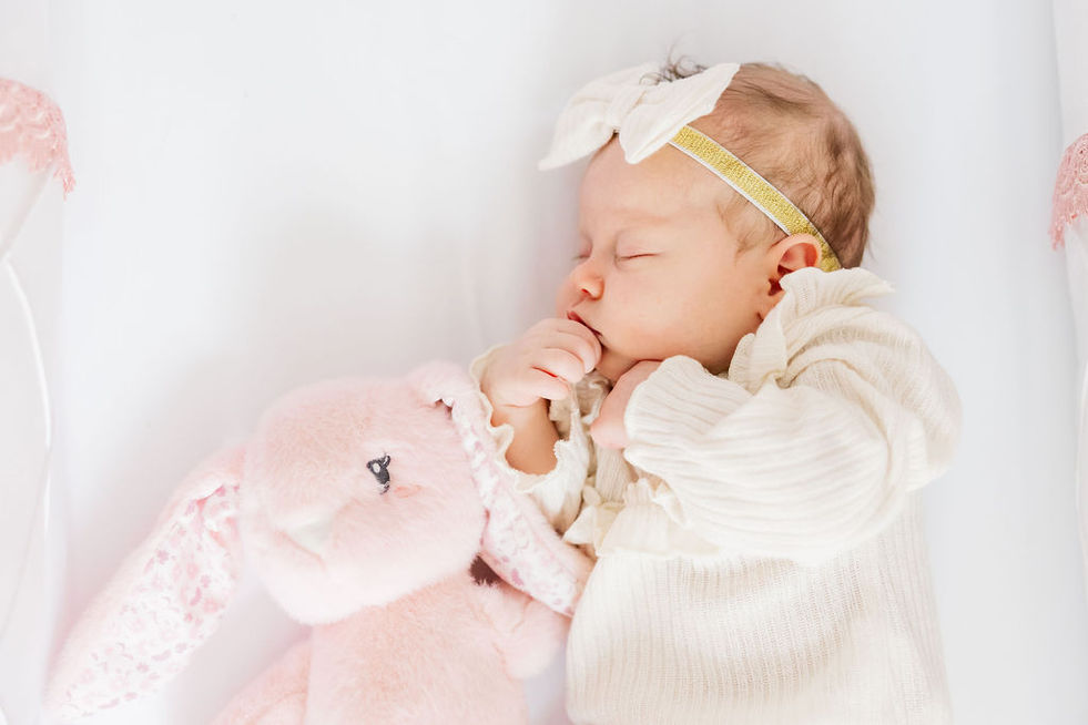 	1.	Richmond photographer capturing newborn baby sleeping with soft toy in nursery.
