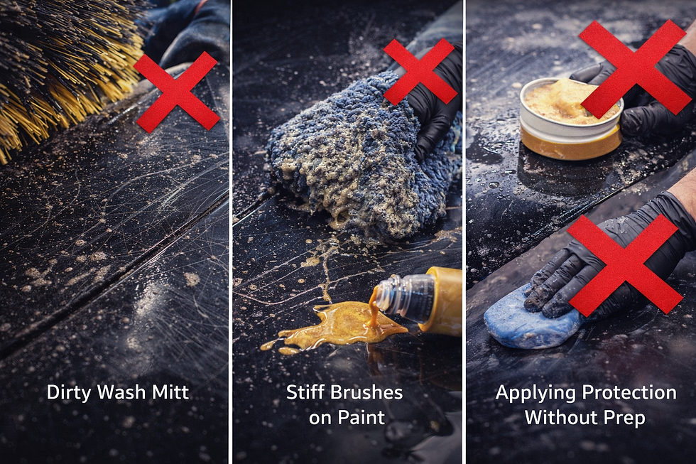 exterior detailing mistakes that damage car paint including dirty wash mitt, stiff brush on paint, and applying protection without proper surface preparation