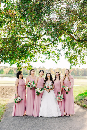 🔟 Bride with bridesmaids lined up under trees holding bouquets — fine-art Richmond wedding photographer image.