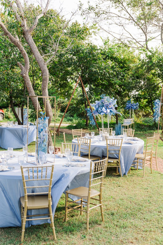 Wide view of round wedding tables with blue linens and gold chairs under a shaded outdoor space.