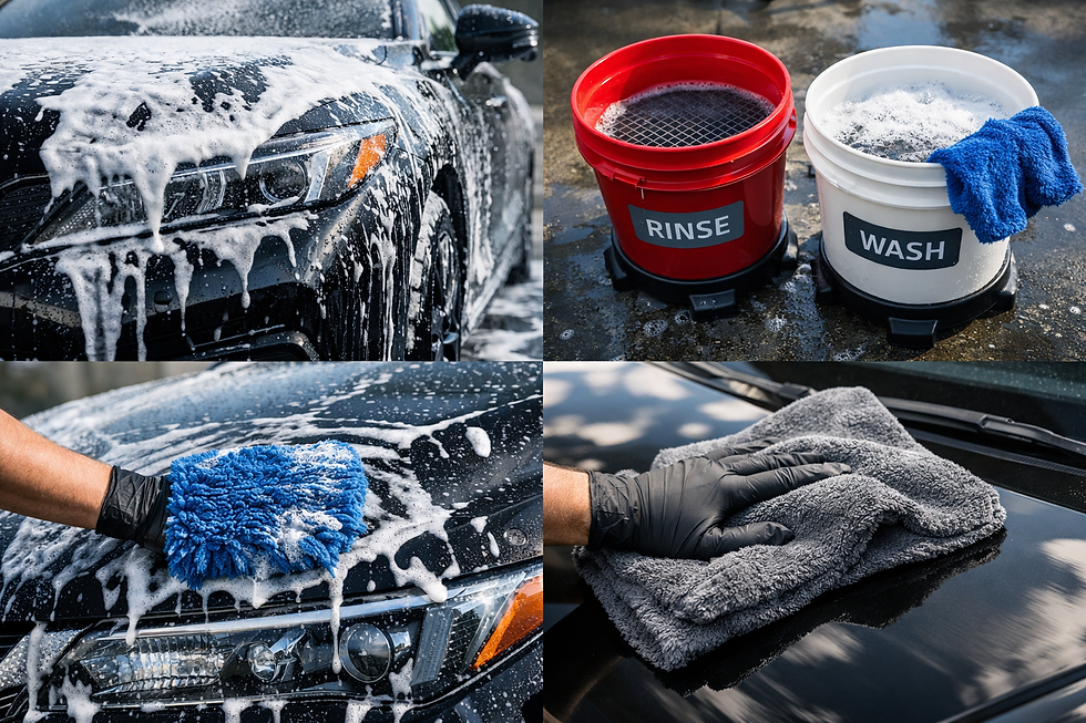 professional car washing process foam pre wash two bucket method microfiber drying detailing technique