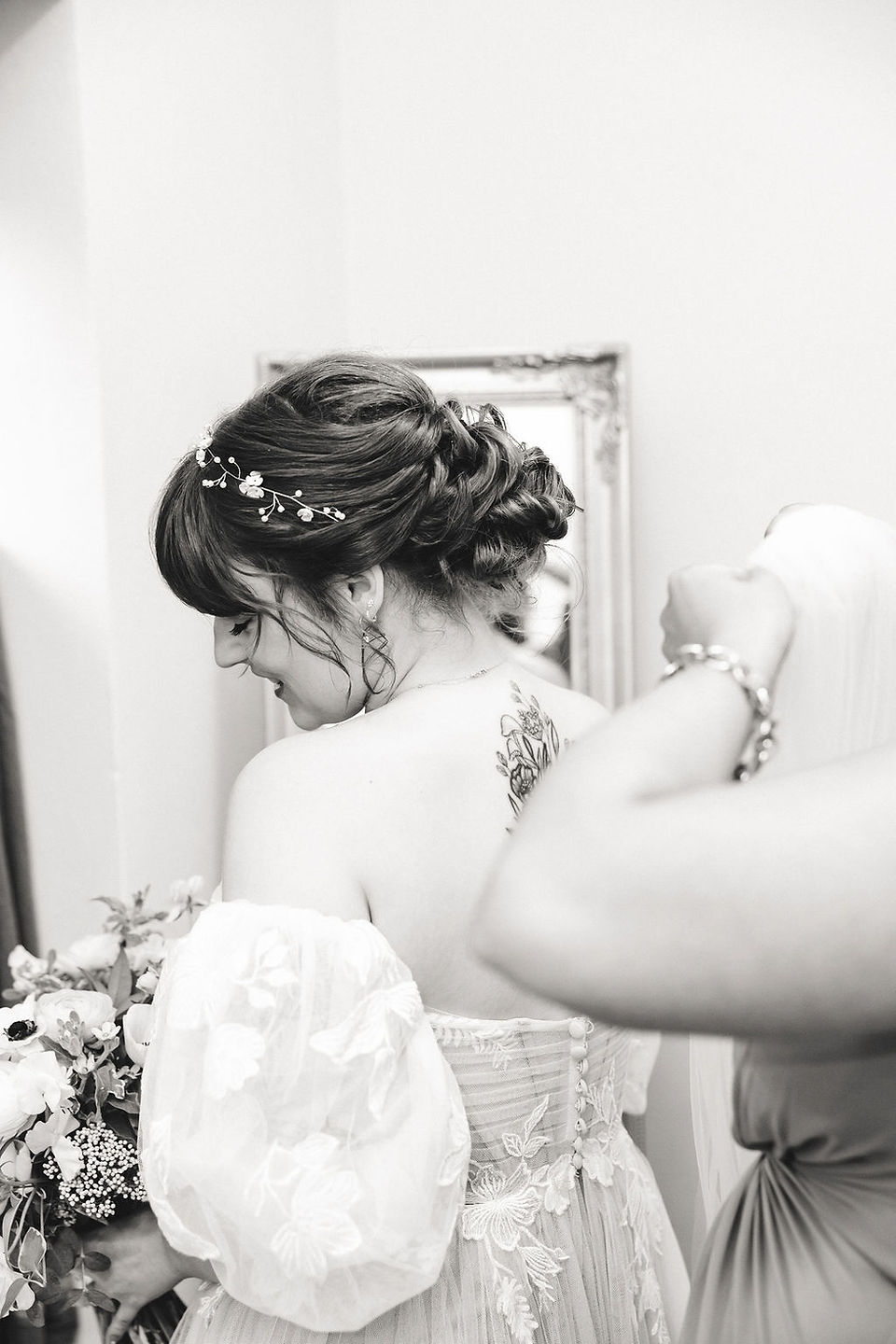 	6.	Bridesmaid placing bridal veil as bride holds bouquet