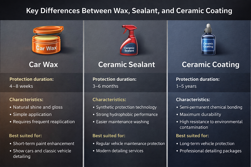 Key differences between car wax ceramic sealant and ceramic coating including durability protection characteristics and best use cases