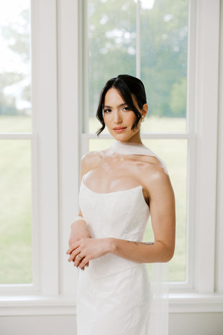 19. Elegant bridal portrait of bride in strapless lace wedding gown before her private residence wedding