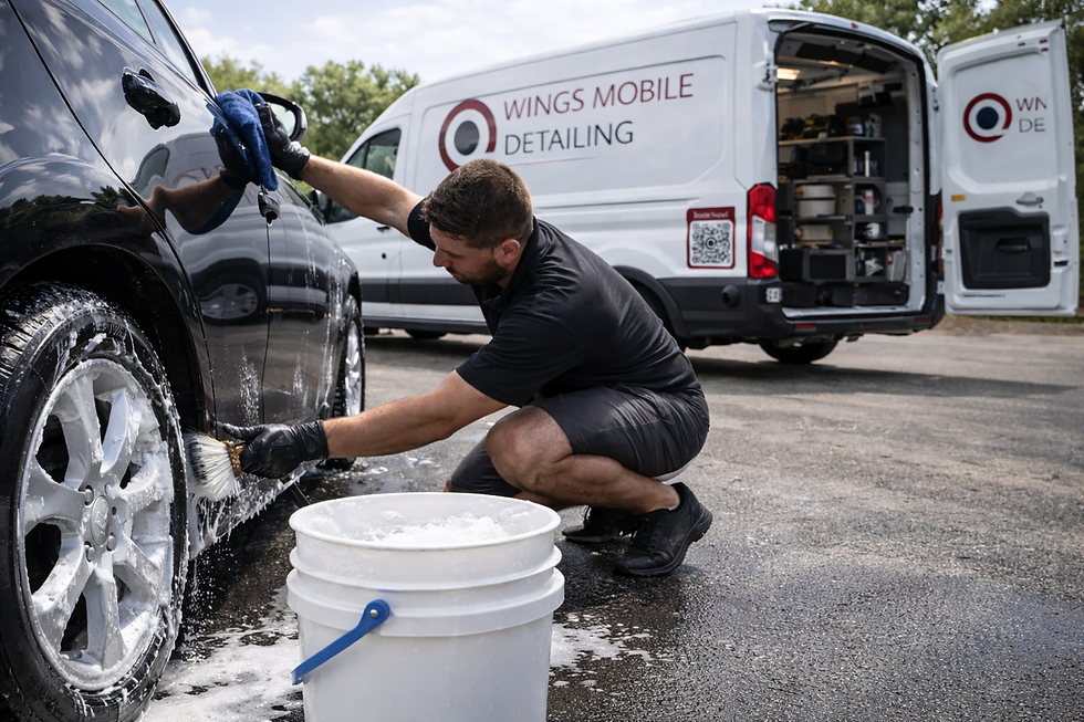 Professional car wash process using foam pre-wash method in mobile detailing setup