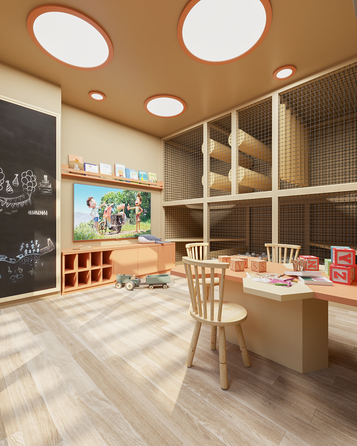 Renderização realista 3D, brinquedoteca, imagem 3d lançamento imobiliário