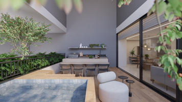 Renderização realista 3D penthouse varanda, imagem 3d lançamento imobiliário