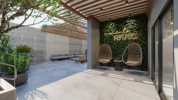 Renderização realista 3D, área de lazer, imagem 3d lançamento imobiliário
