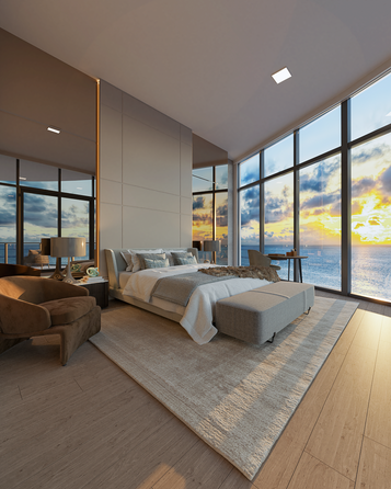 Renderização realista 3D quarto suíte, imagem 3d lançamento imobiliário