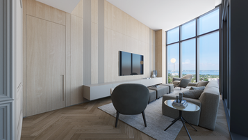 Renderização realista 3D sala tv, imagem 3d lançamento imobiliário