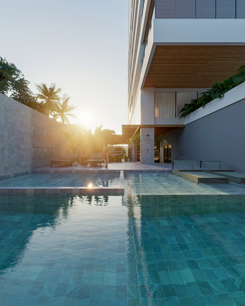 Renderização realista 3D, piscina, imagem 3d lançamento imobiliário