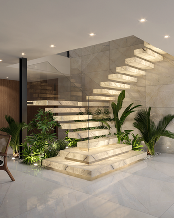 Renderização realista 3D, Escada sala, imagem 3d lançamento imobiliário