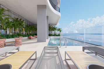 Renderização realista 3D área lazer piscina, imagem 3d lançamento imobiliário