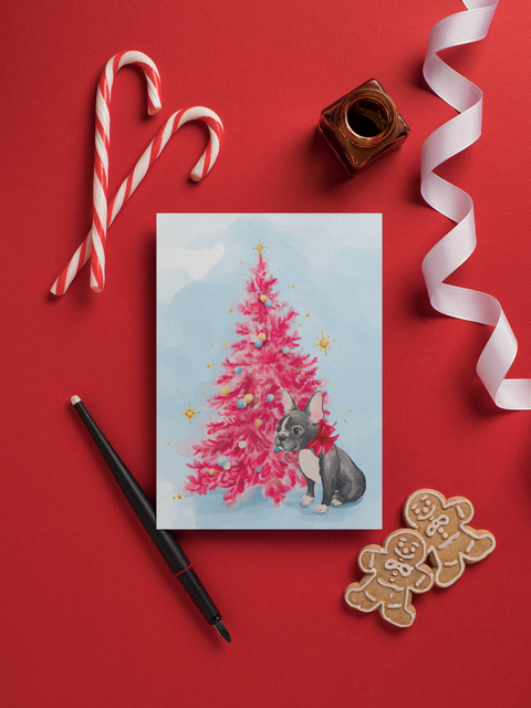 A Christmas card featuring a Boston Terrier sitting in front of a pink tree. This is a mockup of a greeting card, with original digital drawing. 