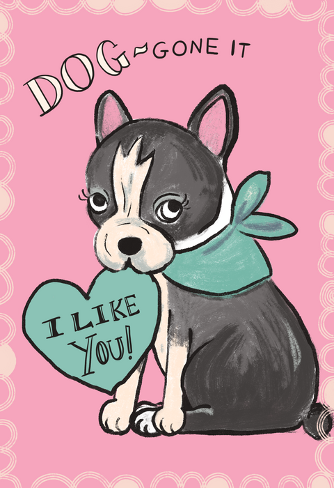 Pink Valentine featuring a hand drawn Boston terrier. The pup is holding a heart in it's mouth. The message reads "Dog-gone-it! I LIKE YOU!". Digital drawing.