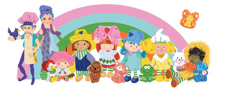 Strawberry shortcake characters standing in a line with rainbow behind them. Digital drawing.