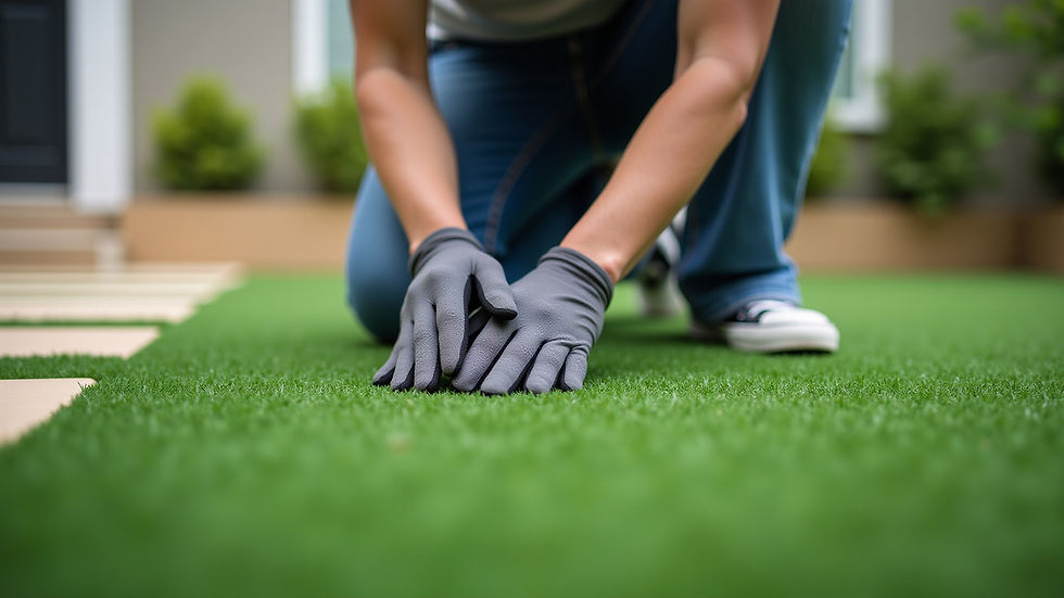 Person in gray gloves kneels, placing hands on vibrant artificial grass. Patio steps and green shrubs in blurred background. Casual attire.
