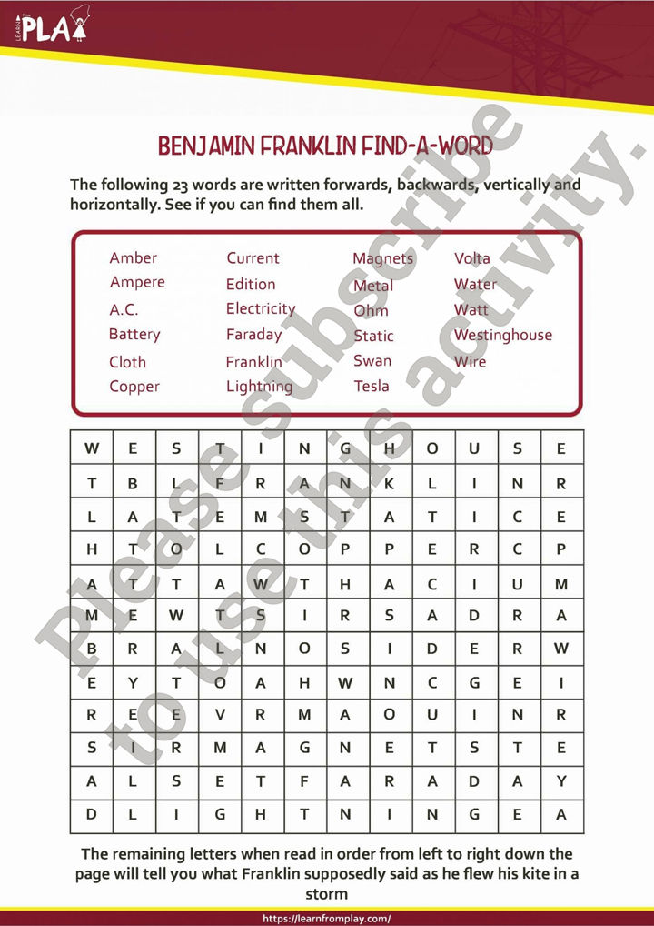 Shocking Electricity - Benjamin Franklin Find-A-Word