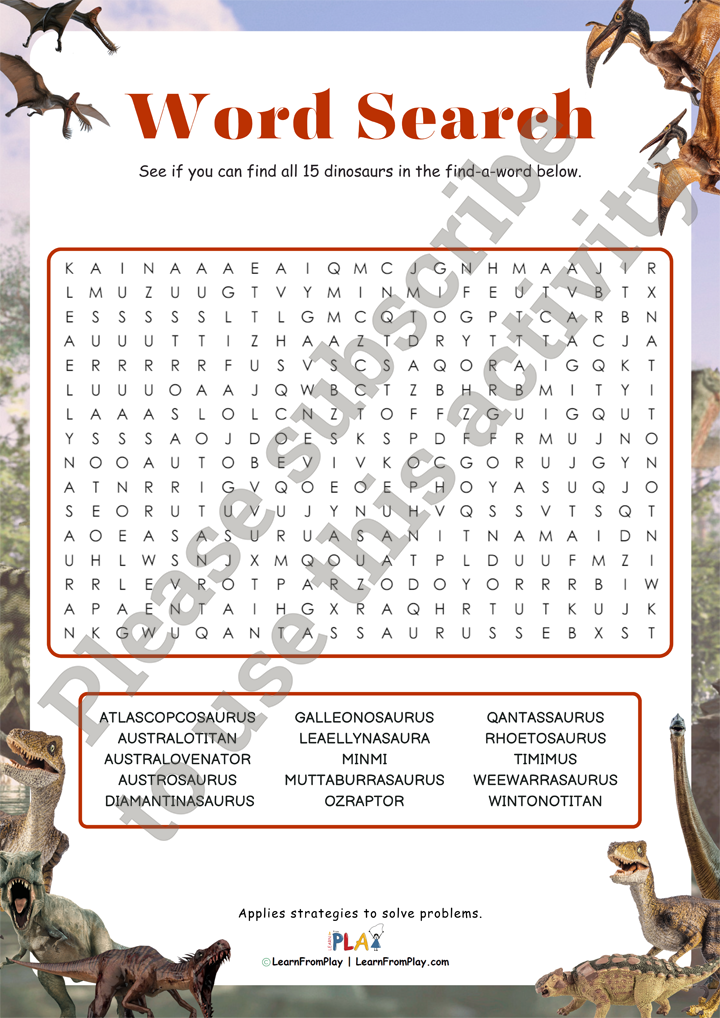 Australia's Amazing Dinosaurs - Word Search Answer