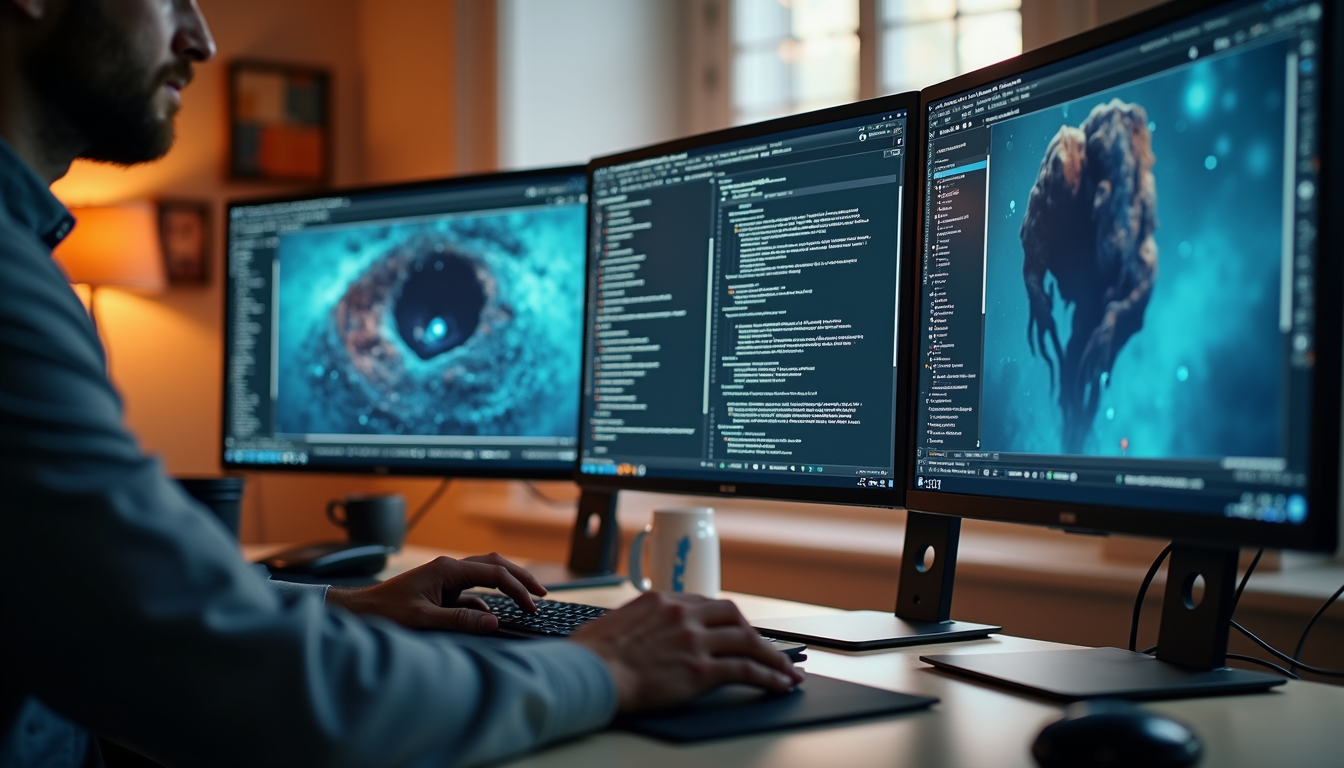 Eye-level view of a desktop setup with multiple devices showing synced browser tabs