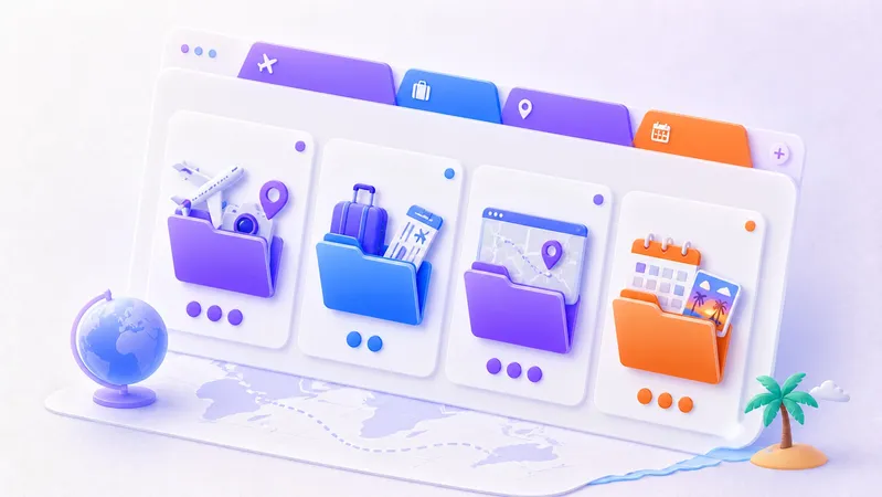 Chrome travel tabs grouped into compare, booked, logistics, and local plans