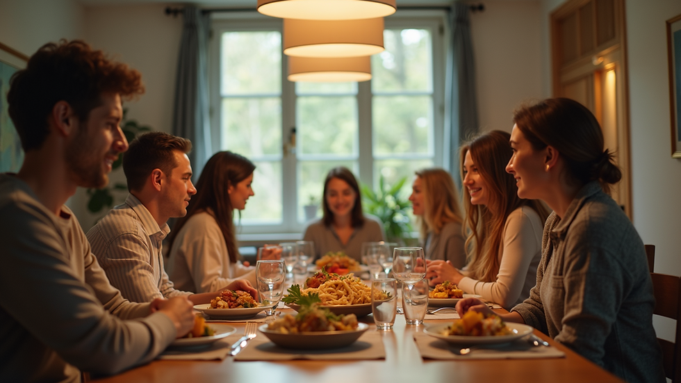 Eye-level view of a family gathered around a dining table for a meal