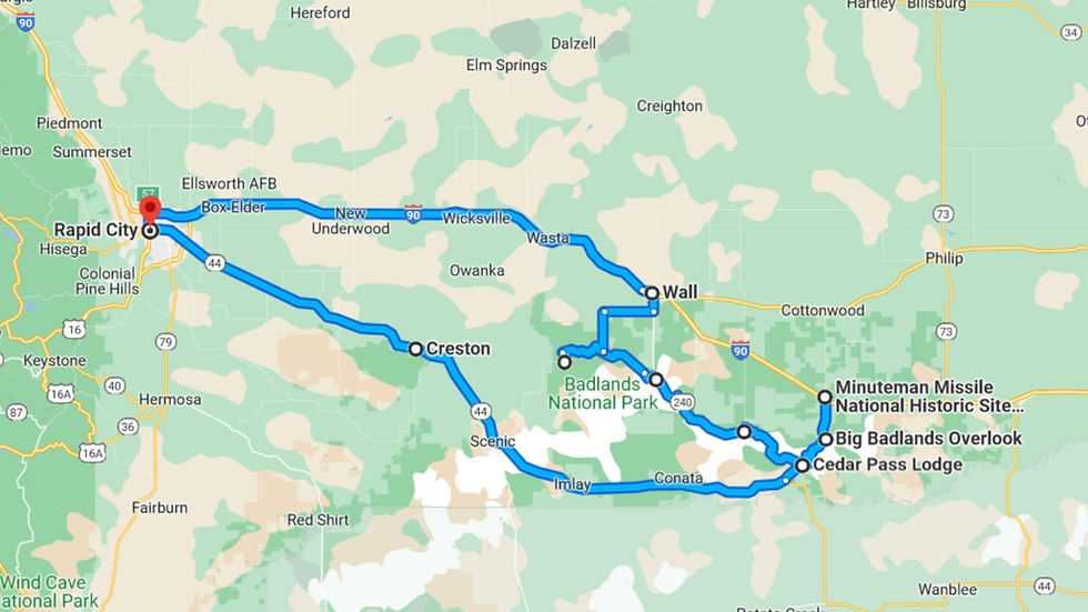 Rapid City east to Badlands National Park and back - 200 miles / 322 km