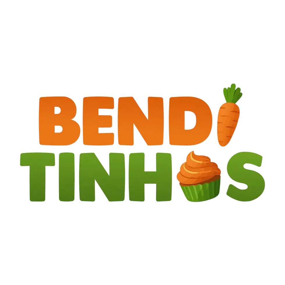 Logo Benditinhos com texto laranja e verde, cenoura e cupcake