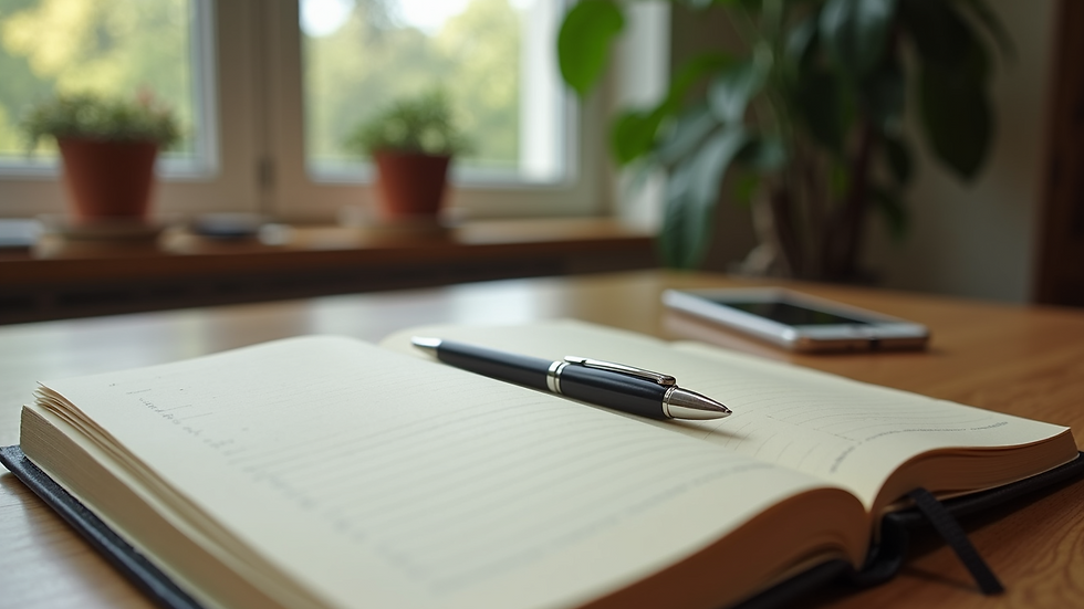Close-up view of a journal and pen on a wooden table, ready for creative expression