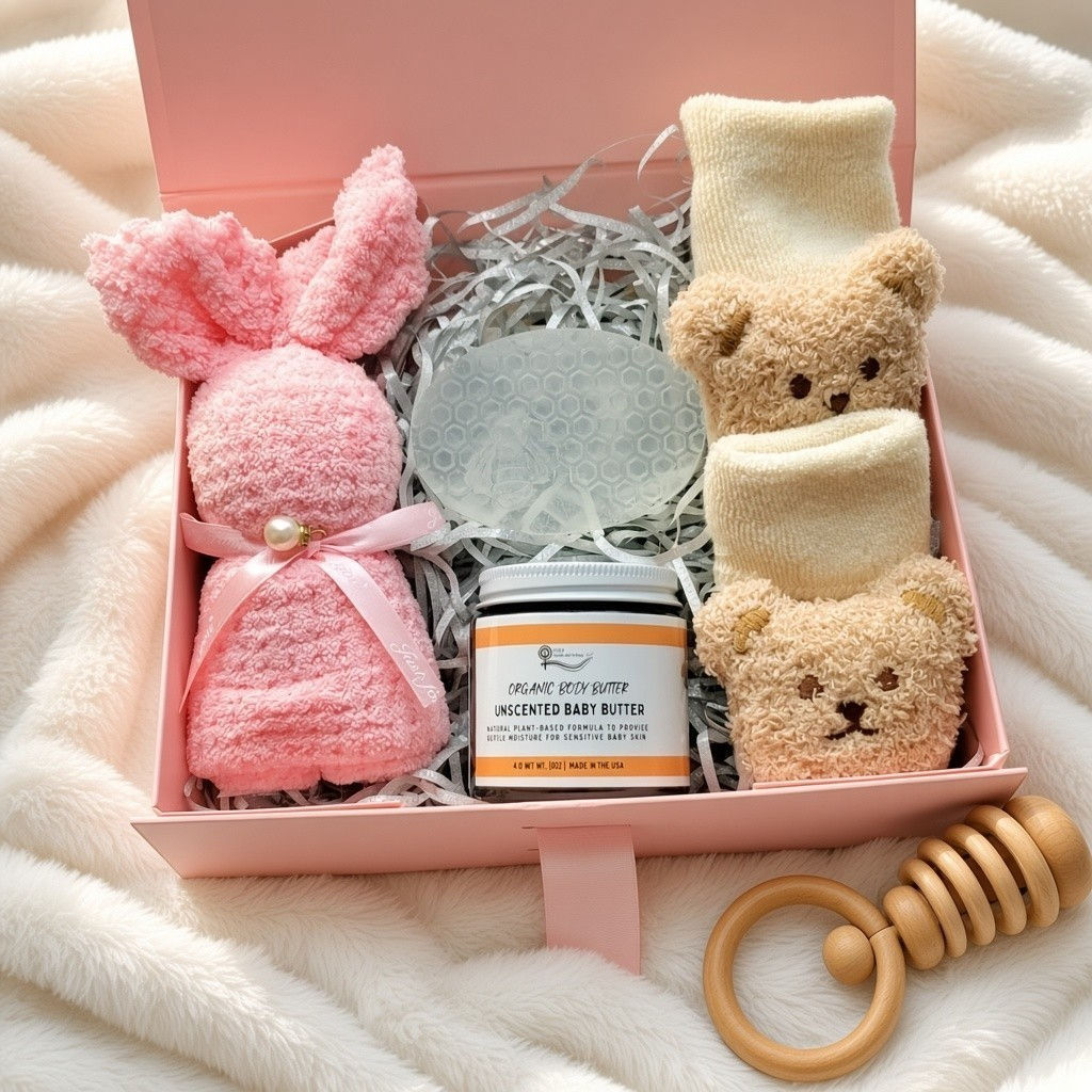 Natural Baby Care Gift Set for girls, Teddy Bear Booties, Bunny Washcloth, Christmas Baby Shower Gift