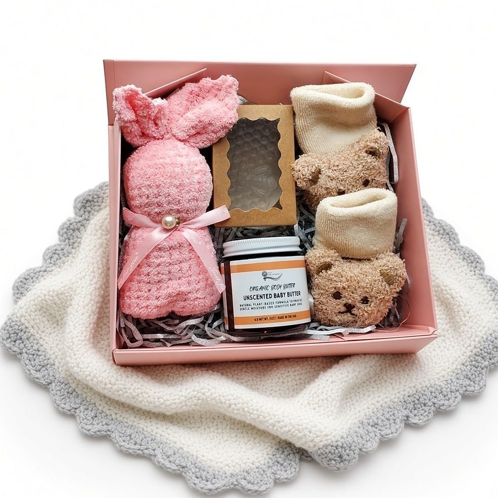 Thumbnail: Natural Baby Care Gift Set for girls, Teddy Bear Booties, Bunny Washcloth, Baby Shower Gift