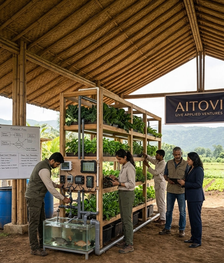 AITOVI heirs and mentors managing a closed-loop aquaponics and vertical farming agrotech system inside an open-air bamboo pavilion in Karjat.