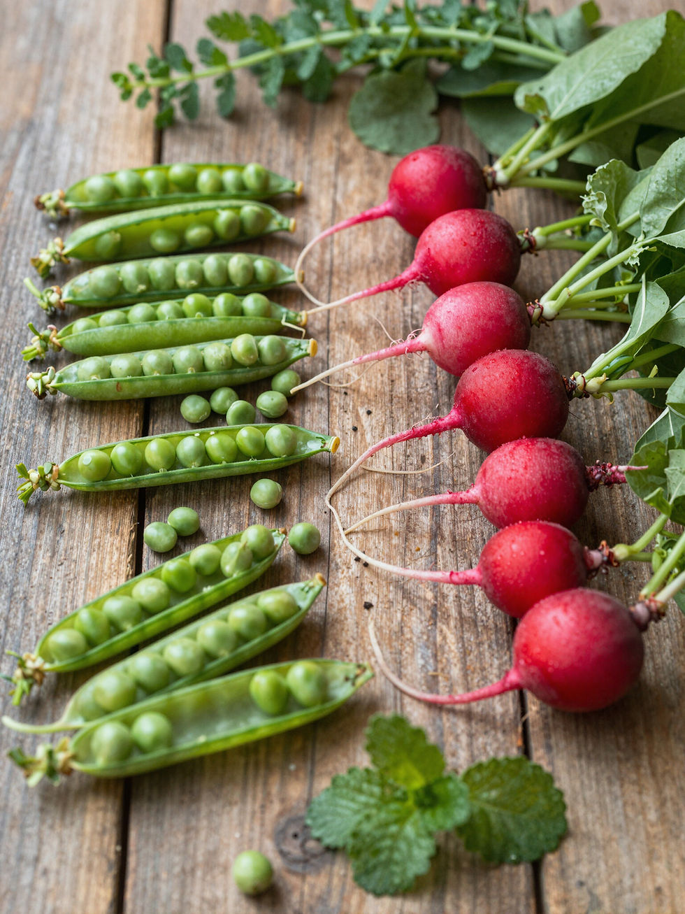 Freshly harvested vibrant radishes and green sweet peas arranged neatly on a rustic wooden table for Sattva Earth spring menu.