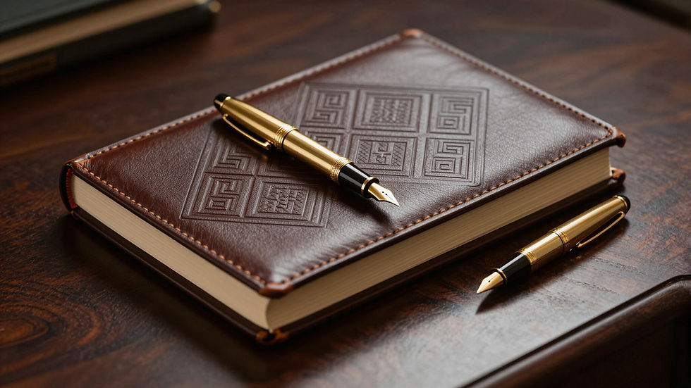 Executive leather ledger and gold fountain pen representing AITOVI academic curriculum and governance protocols