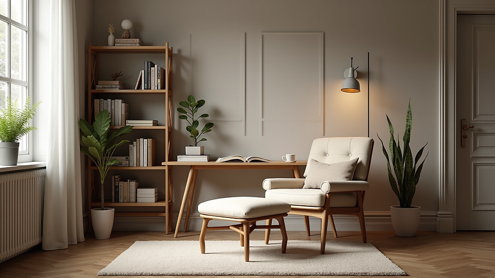 Eye-level view of a serene study space with a cozy chair and a bookshelf