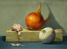 Oil painting of onions (white and brown) and garlic sitting on a block of wood with surrounding colours of blue light green/umber