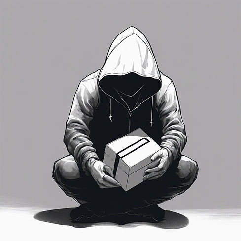 a black and white image of a sad faceless hooded man opening a single small locked box in 